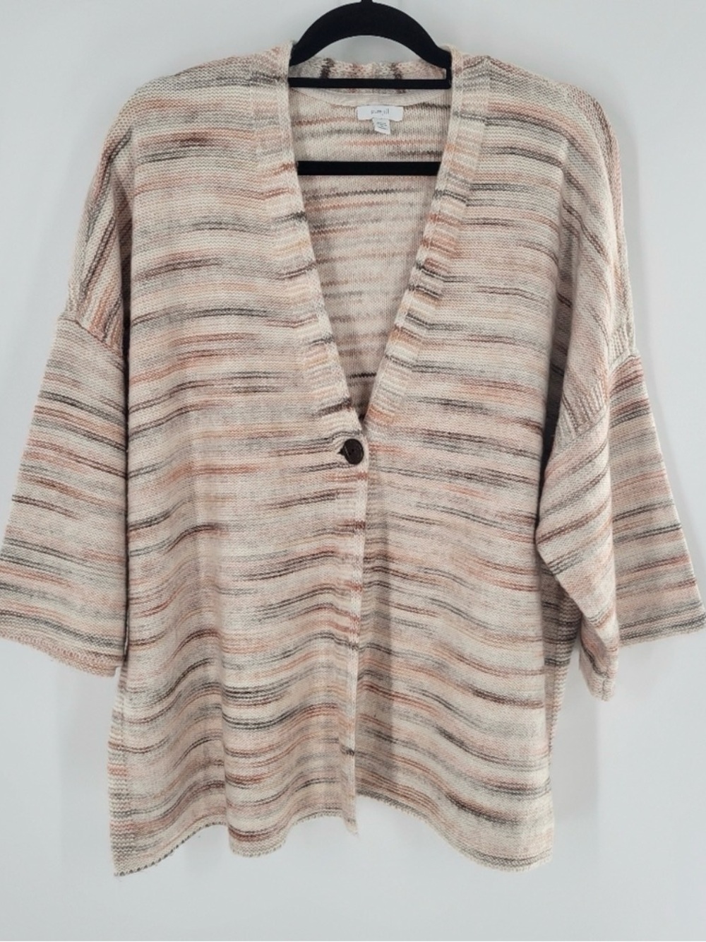 J. Jill Cream Multi-Striped V-Neck Button Cardigan